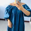 [EAM] Women Blue Brief Long Big Size Denim Dress Round Neck Half Sleeve Loose Fit Fashion Spring Summer 1U749 21512