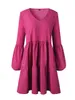 Automne couleur unie à manches longues lâche col en V robe courte pour les femmes A-ligne Vintage mini robe mignonne femmes élégantes robe vestidos 210514