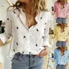 Casual Long Sleeve Birds Print Loose Shirts Kvinnor Bomull och linne Blusar och Toppar Vintage Streetwear Plus Storlek 5XL Tunika 210323