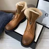 Real Leather Snow Boots Woman Med Heel Ankle Platform Thick Short Zip Ladies Shoes Fur Winter Brown 41 210517 GAI