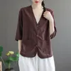 Sommarkonst Stil Kvinnor Halv ärm Loose Striped T Shirts Dubbelficka Bomull Linen V-Neck Vintage Blouse Femme Tops M152 210512