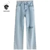 Fansilanen kontor Lady100% Bomull Ljusfärg Rippade Jeans Kvinnor Sommar Straight Loose Casual High-Waisted Pants 210607