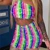 Tuta stampata a righe colorate Completi a due pezzi Set da donna Vestiti Y2k Top Femme Pantaloncini da motociclista Sexy Fitness Lounge Wear 210525