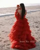 Party Dresses Stunning Red Ruffled Tulle Off The Shoulder Prom Women Robe A Line Beading Floor Length Tiered Princess Gown