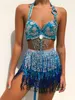 13 Colors Women Sexy Belly Skirt Nightclub Show Sequin Fringe Skirt Glitter Belly Dance Hip Adjustable Waist Straps Tassel Girls Mini Club Dress Dancing Wear In Stock