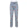 Cherry Broderie Y2K Crayon Jeans pour filles Mode Femme Femme Taille basse Pantalon Vintage Sweat Denim Pantalon Streetwear 210510