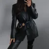 Blazer de piel sintética para mujer, moda Otoño Invierno, negro, de una sola botonadura, prendas de vestir largas de polipiel, chaqueta de otoño para mujer, abrigo de ropa 2022