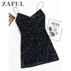 ZAFUL Stars Side Slit Velvet Cami Dress Femmes Sexy Cocktail Party Mini Robes Sans Manches Spaghetti Strap A-Line Court Vestidos 210325