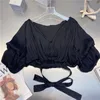 DEAT Women Black Bandage T-shirt Solid Color V-Neck Kort Puff Sleeve Fashion Temperament Spring Summer 11D945 210709