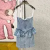 Vintage solide Denim robe pour femmes Slash cou sans manches taille haute Patchwork Mini robes femmes été élégant 210520