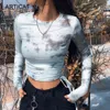 Articat Tie Dye Printed Ribbed T Shirt Women Long Sleeve Drawstring Bodycon Crop Tops Srping Ladies Skinny Clothes Streetwear Y0508