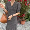 Elegant Dresses Women V Neck Short Sleeve Midi Robe Vintage Floral Lace-up Ladies Vestidos Mujer Chiffon Slim Fit Dress 210519