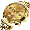 LIGE eternity 9810 Relojes deportivos para hombre Dial con fecha Japón VK Movimiento cronógrafo de cuarzo Reloj para hombre Caja de acero Pulsera de acero inoxidable dorado
