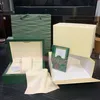 Designer Watchs Boxes Topquality Dark Green Watch Box Gift Woody fodral f￶r Rolex Watches Booklet Card Taggar och papper i engelska schweiziska l￥dor