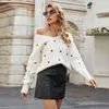 Heart Print V Hals Stickad Oversierad Casual Sweater Pullovers Kvinnor Vit Vinter Varm Vintage Jumper 210427