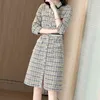 Automne hiver Tweed robes élégantes femmes plus taille col rabattu 3/4 manches simple boutonnage dames mi-longueur 210513