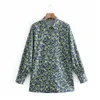 Vårgrön blommig tryckkvinnor Vintage långärmad knapp uppskjorta Kvinna Streetwear Casual Kvinna Blus 210519