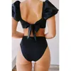 Sexy bikini effen kleur tankini sport bandeau badpak korte mouw zomer hoge taille gesneden backless badpak beachwear 210630