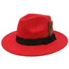 Outono inverno unisex lã feltro jazz fedora chapéus com cinto de penas fivela homens mulheres simples borda larga panamá trilby boné