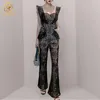 Panie Czarne Koronki Hollow Out Jumpsuits Kobiety Latające Rękaw Seksowny Spaghetti Pasek Kobieta Moda Casual Długi Romper 210520