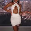 İpli Dantelli Seksi Cut-Out kadın Mini Elbiseler Parti Kulübü Moda Backless Kravat Elbise Bodycon Katı Giysi