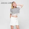 jocoo jolee stripe summer 티셔츠 여성 캐주얼 레이스 레이스 탑 티셔츠 코튼 티셔츠 짧은 소매 여성 티 톱 210619