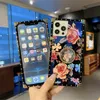 Lüks Kare Glitter Retro Gül Çiçek Telefon Kılıfları Için iPhone 13 12 Mini 11 Pro Max 6 S 7 8 Artı X Moda Mavi Ray Elmas Yüzük Tutucu Silikon Kapak