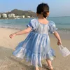 Sommer Mädchen Kleid Koreanische Feste Farbe Quadrat Kragen Garn Puff Sleeve Süße Party Prinzessin Baby Kinder Kinder Kleidung 210625