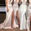 Simple Halter Woman Lady Girl Bridesmaid Dresses 2021 V Neck Trumpet Elastic Satin Thigh-High Slits Formal Party Gowns Sexy Wedding Guest Maid Of Honor Dress AL9475