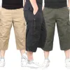 Été hommes décontracté coton Cargo Shorts salopette longue longueur multi-poches culottes chaudes militaire Capri pantalon mâle pantacourt P0806