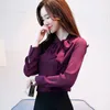 bow neck women's clothing spring long-sleeved chiffon women blouse shirt solid purple formal women tops blusas 210426