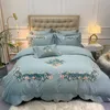 Ensembles de literie Luxe vert rose fleurs pastorales broderie 100S coton égyptien ponçage ensemble housse de couette drap de lit/taies d'oreiller en lin