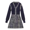 PERHAPS U Dress Tweed Knitted Navy Patchwork Mini Short Elegant Sweet V Neck Long Sleeve Sexy Winter D1518 210529