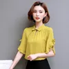 Frauen Frühling Sommer Stil Chiffon Blusen Hemden Dame Casual Kurze Flare Hülse Peter Pan Kragen Blusas Tops DF3731 210609