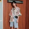 Yedinas 日本のストリート浮世絵プリントサマーブラウス女性の襟付きボタンアップシャツ半袖トップと服 210527