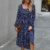 Polka Dot Casual Maxi Robe Femmes Printemps Automne Longue Ceinture Taille Boho Élégant Dames Manches 210427