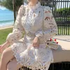 Vintage Hollow Out Lace Floral Embroidery Dress Spring Autumn Women Stand Collar Lantern Sleeve High Waist Sashes Short Dresses 210706