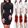 Women Dress See-Through Mesh Bandage Bodycon Long Sleeve Evening Party Clubwear Sexy Mini Turtleneck Ladies Clothing 210522