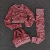 Yoga conjunto mulheres sem costura camuflagem mangas longas tops camisa de cintura alta leggings fitness esporte ginásio camo se adapta calças de treino apertado 210802