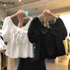 Neploe Mulheres Brancas Blusas Doce Lace Bow Lanterna Sleeve Camisas Coreano Tops Temperamento Off Ombro Tops Blusas Mujer 210422