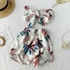 Women Two Piece Sets Summer Leaf Print Sexy Bra Bow Crop Tops + Elastic Waist Wide Leg Shorts Suit Fashion Ladies Outfit 210525