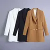 Klacwaya Women Blazer Coat Dubbelbröst Vintage Långärmad Ficka Solid Färg Kvinna Ytterkläder Chic Suitjacka 211122