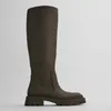 Dress Shoes Waterproof Knee Length Boots 2021 Spring Thick Bottom Heel Tube Khaki Green Thin High Plush Women