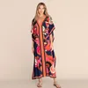 Robes décontractées Hanky Foulard Imprimer Femmes Robe Style Arabe Motif Floral Caftan Contraste Design Col V Floaty Maxi Luxe Beach Cover Ups