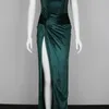 Swtao Mulheres Sexy Designer Veludo Longo Vestido de Partido Verde Split Elegante Clube de Noite Celebridade Vestido 210527