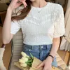 Sommar O Neck Puff Short Sleeve Pläterad Chiffon Blus Kvinnor Koreansk Vintage Slim Top Kvinna Casual Lace Woman Shirts 14349 210512