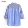 Tangada Женщины синий полосатый пэчворк печати свободная рубашка три четверти рукав шикарный женский повседневная свободная рубашка 3W112 210609