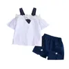 服セット女の子服夏の子供ベビーオフショルダー Tシャツ + リボンショートパンツ 2 個子供服セット 8 9 10 12 年