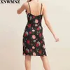 Noir Rose Imprimé Dos Nu Robe D'été Bretelle Vintage Plage Vacances Col V Sexy Bouton Midi Fête chic 210520