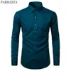 Mens Dress Shirt Button Down Shirts Casual Slim Fit Bamboo Fiber Elastic Office Wedding Work Shirt Wrinkle Free Chemise Green 210522